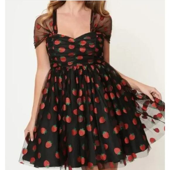 Unique Vintage Dresses & Skirts - Unique Vintage Babydoll Dress Glitter Strawberry Black Tulle Mini Retro 3X